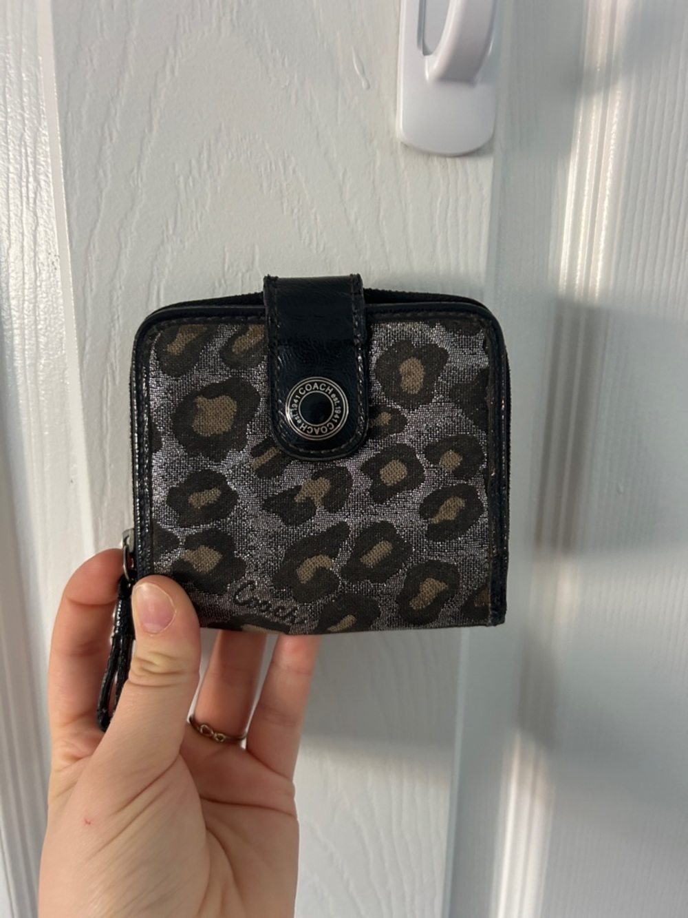 Coach Leopard Jacquard Zip Wallet in Black and Brown